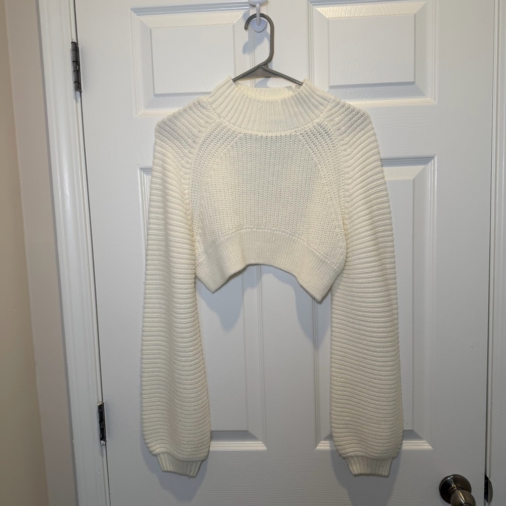 Cropped Mock Neck Women's Sweater - White